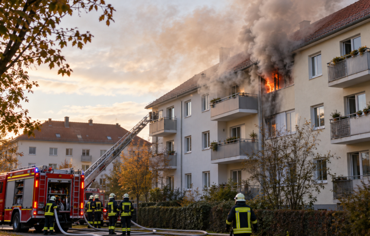 Bildunterschrift: Symbolbild: Feuerwehreinsatz bei einem Wohnhausbrand. KI-generierte Darstellung; keine Aufnahme des Brandes in Hirnsdorf.
