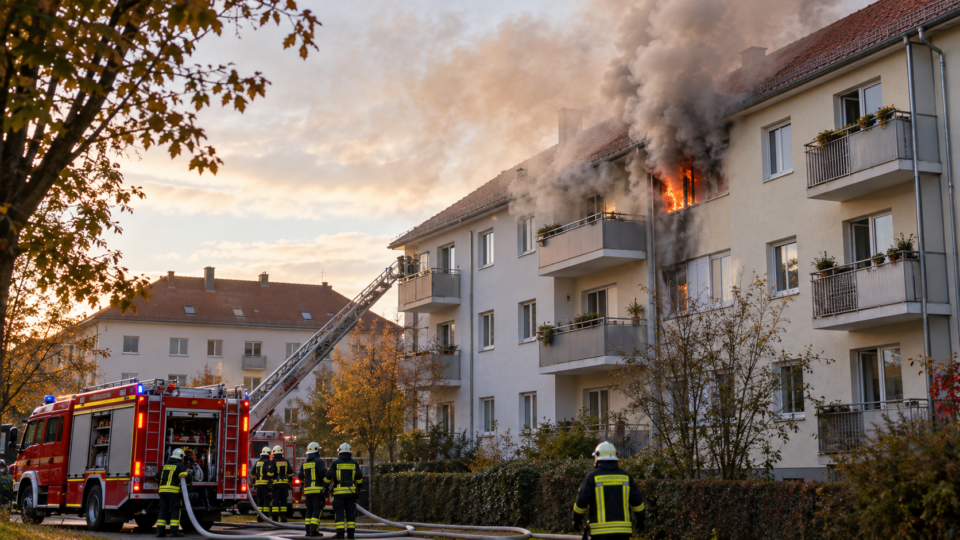 Bildunterschrift: Symbolbild: Feuerwehreinsatz bei einem Wohnhausbrand. KI-generierte Darstellung; keine Aufnahme des Brandes in Hirnsdorf.