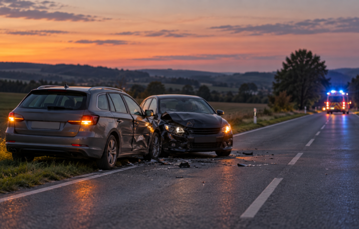 Symbolbild: Verkehrsunfall auf einer Landstraße. KI-generierte Darstellung; keine Aufnahme des beschriebenen Unfalls.