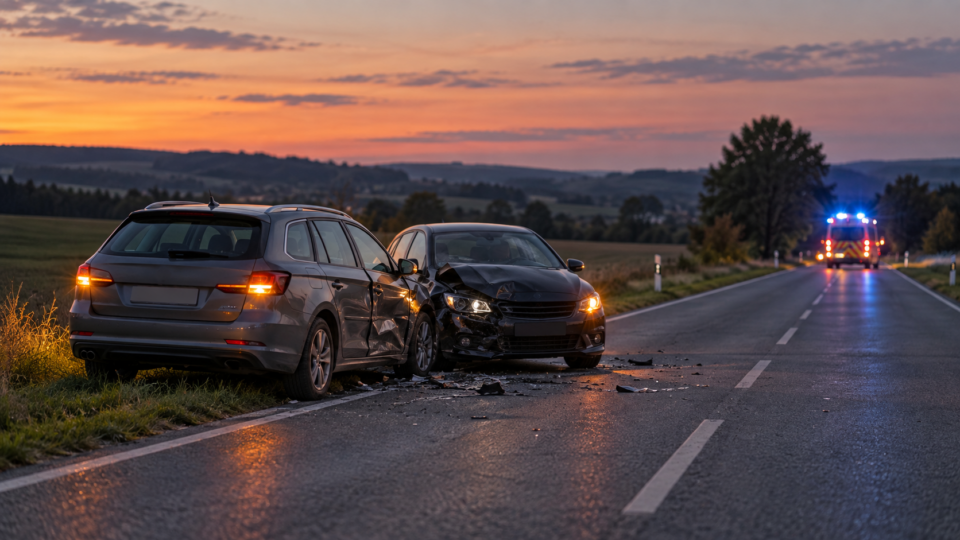 Symbolbild: Verkehrsunfall auf einer Landstraße. KI-generierte Darstellung; keine Aufnahme des beschriebenen Unfalls.